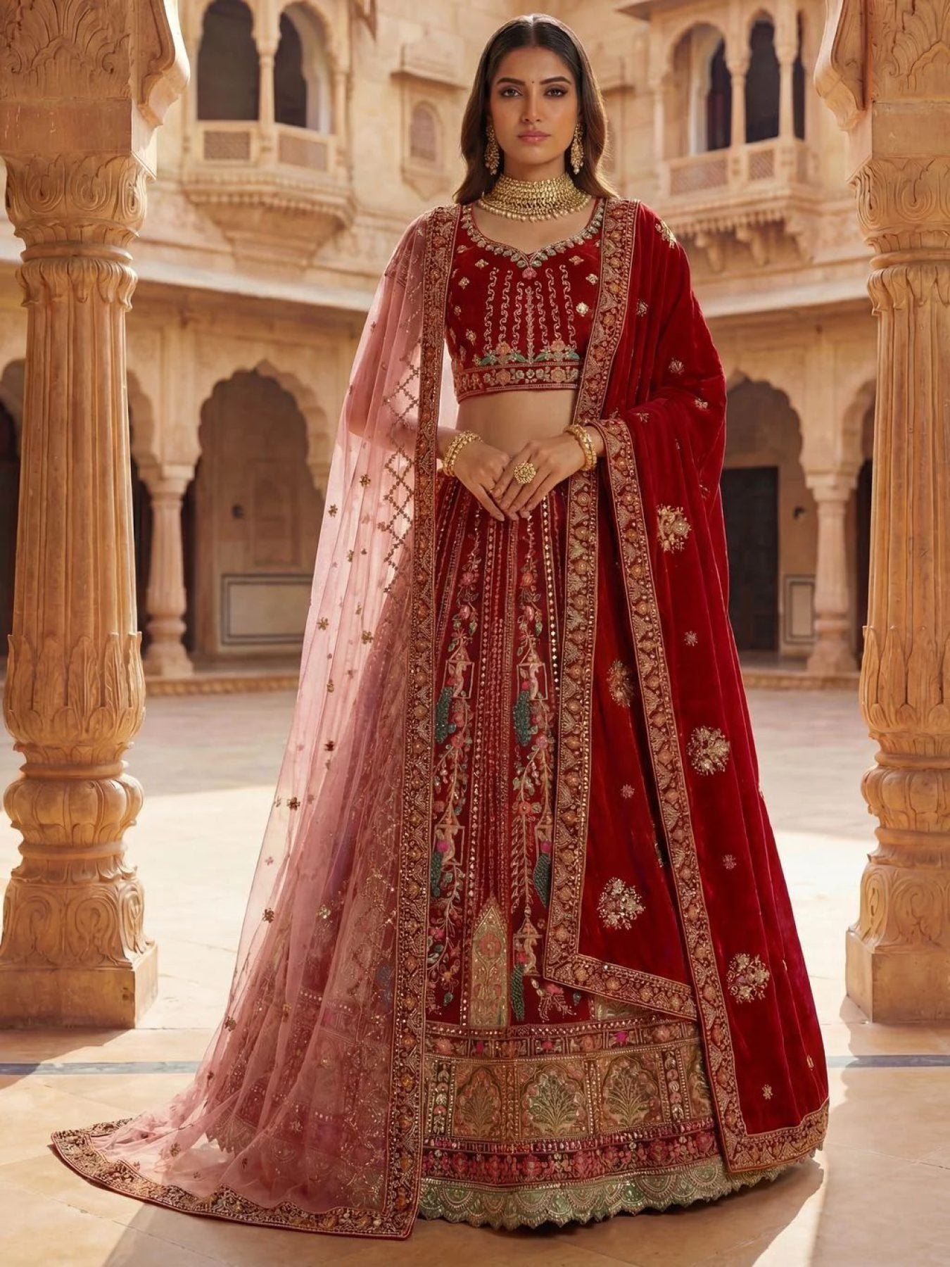 Pink Durable Velvet Bridal Lehenga with Zari and Mirror Work for Wedding Wear full drape view
