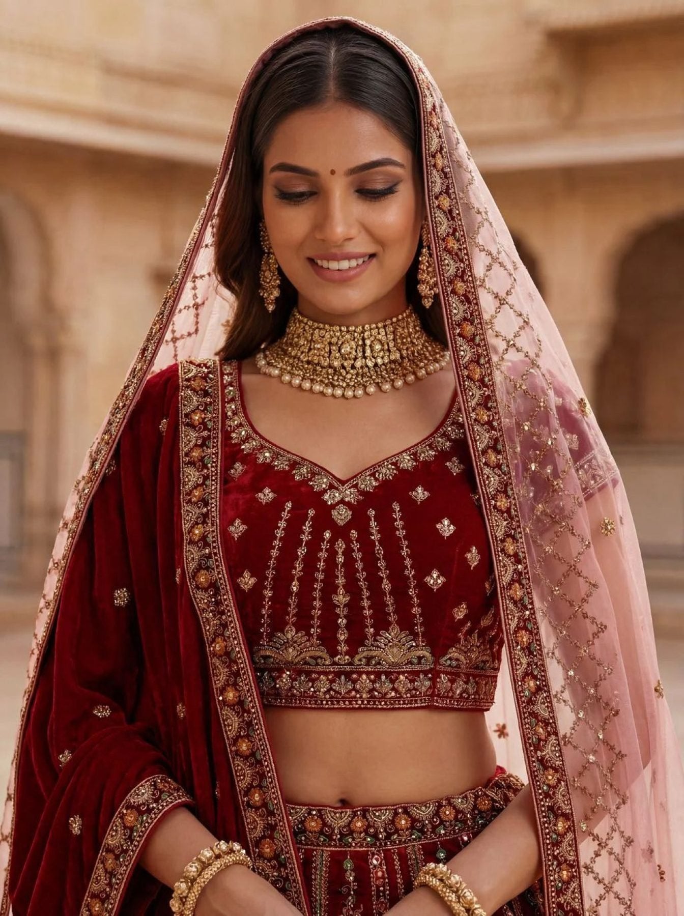 Maroon Durable Velvet Bridal Lehenga with Zari and Mirror Work for Wedding Wear blouse and dupatta detail