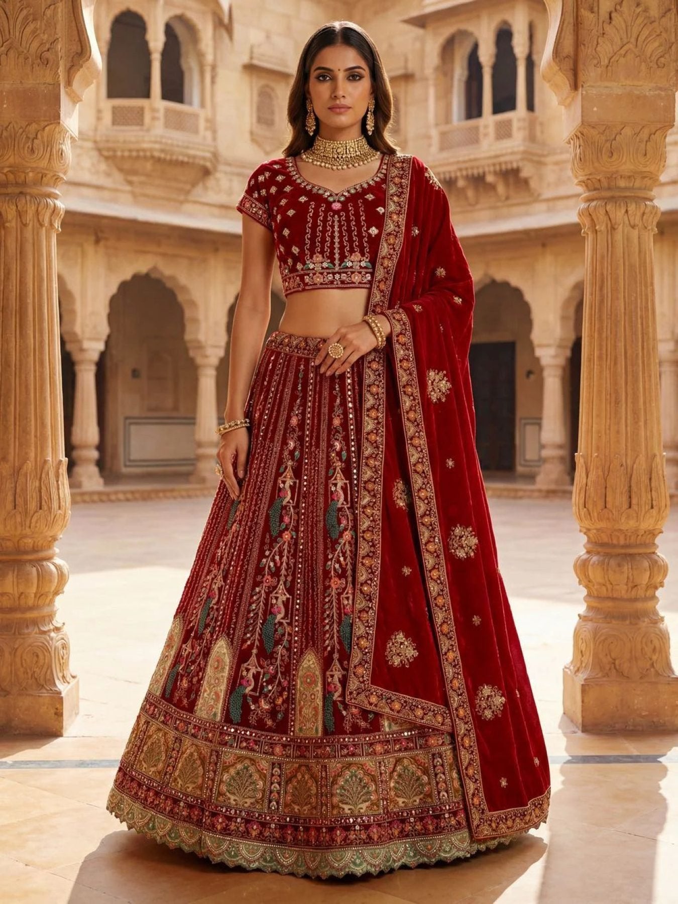 Durable Velvet Bridal Lehenga with Zari and Mirror Work for Wedding Wear embroidery close-up