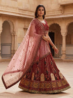 Durable Velvet Bridal Lehenga with Zari and Mirror Work for Wedding Wear back view