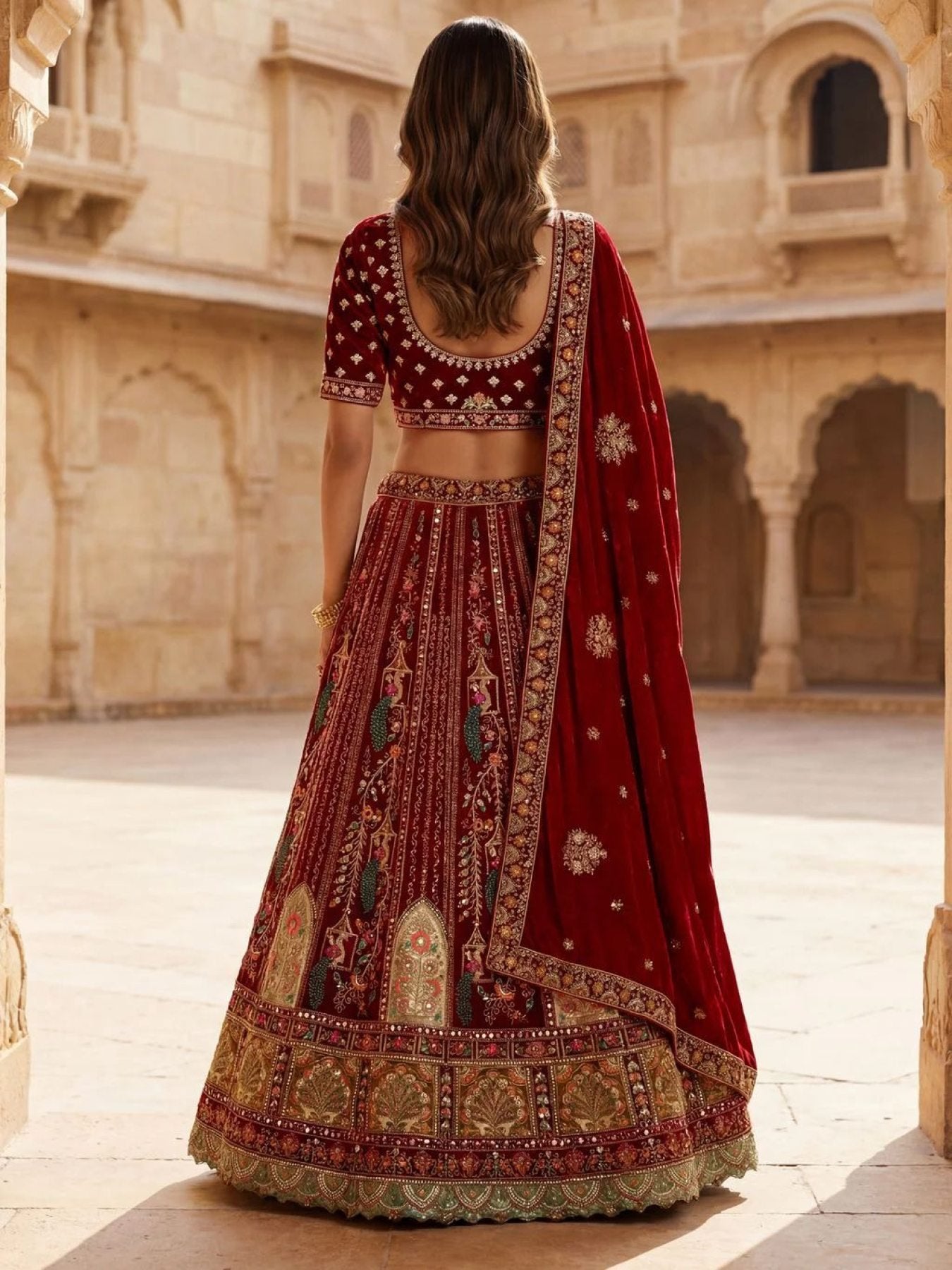 Durable Velvet Bridal Lehenga with Zari and Mirror Work for Wedding Wear styling view