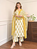 Yellow Cotton Printed Straight Kurti Set With Dupatta for women | Snyvia