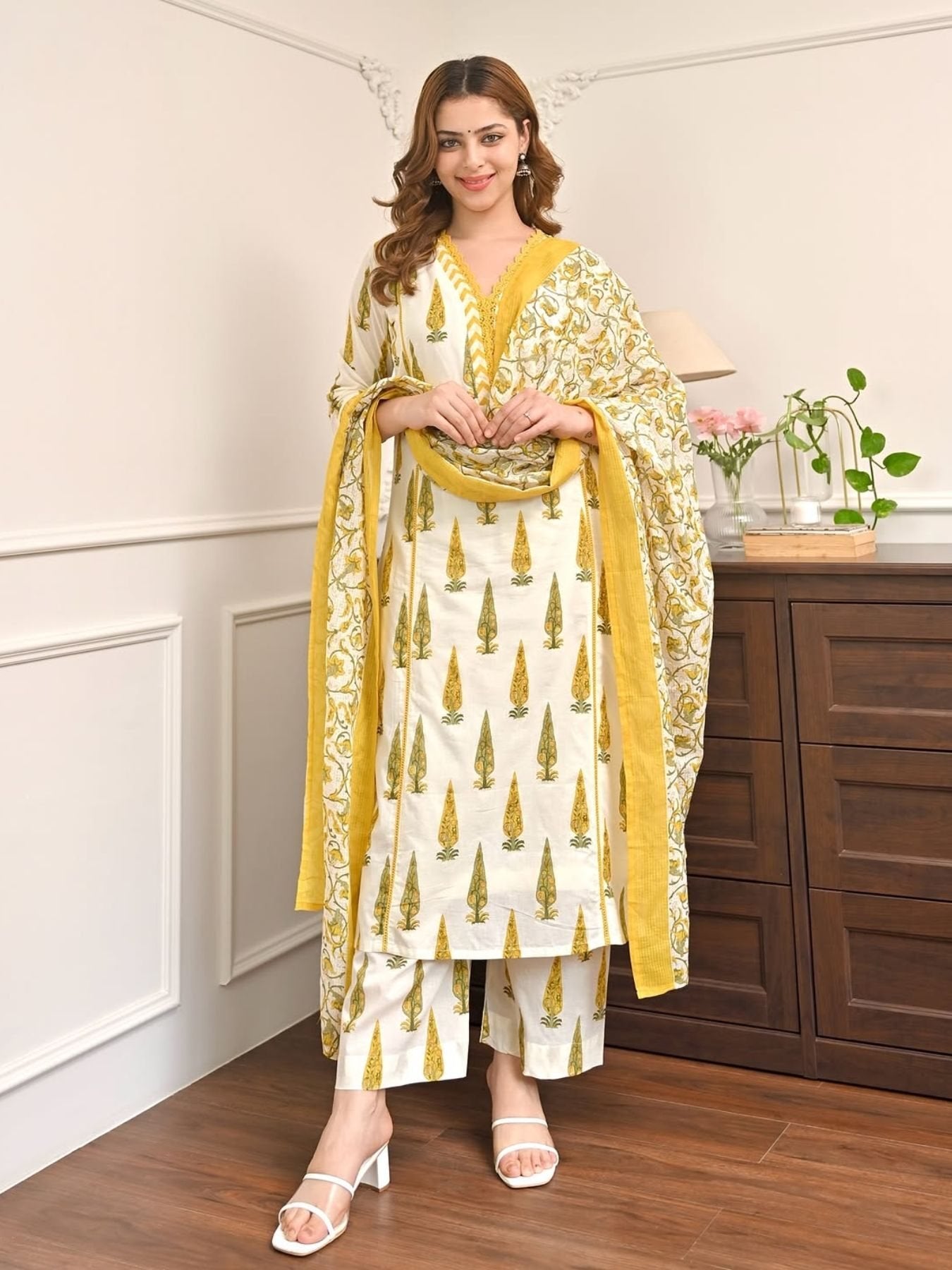 Yellow Cotton Printed Straight Kurti Set With Dupatta for women | Snyvia