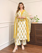 Yellow Cotton Printed Straight Kurti Set With Dupatta full set view