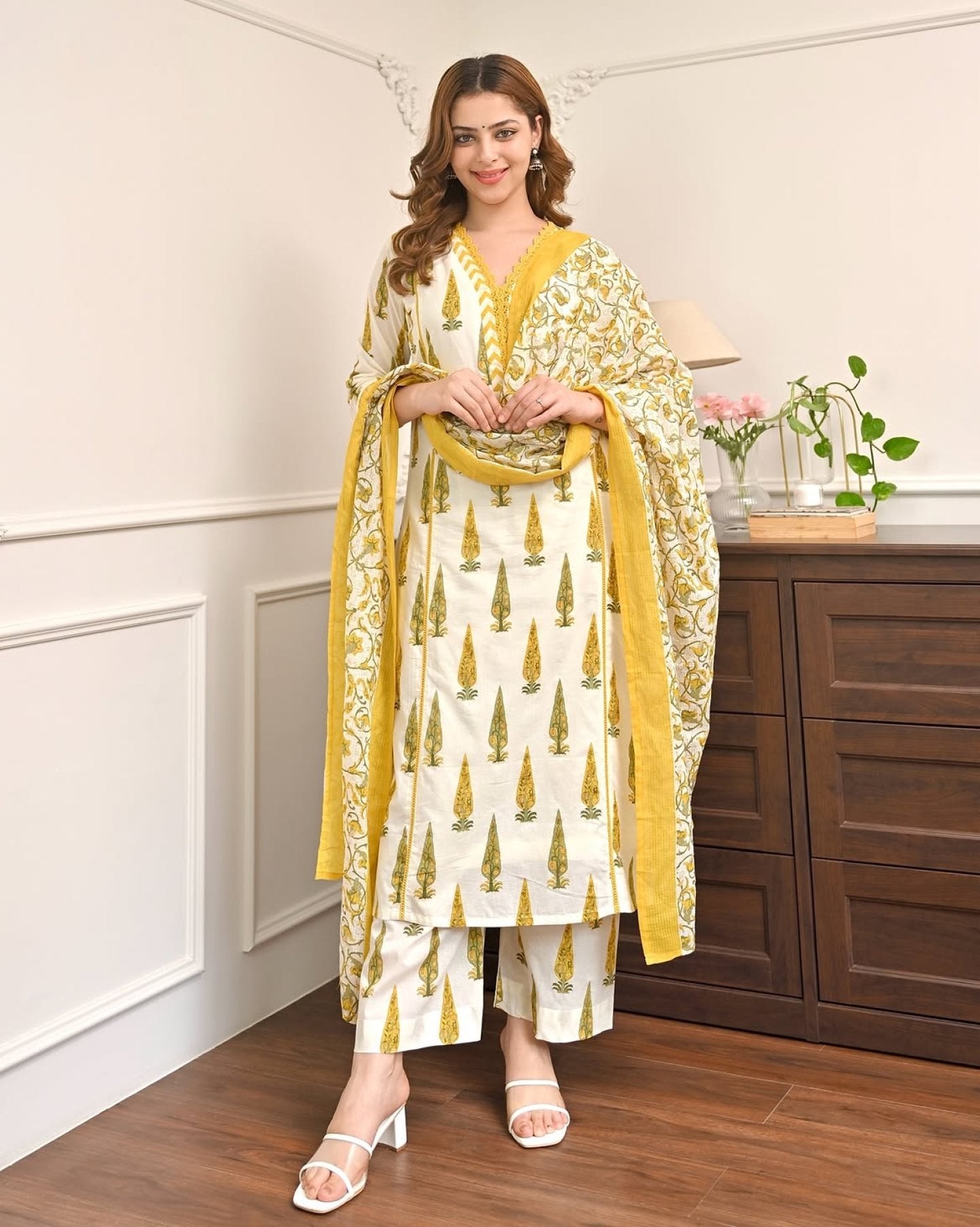 Yellow Cotton Printed Straight Kurti Set With Dupatta full set view