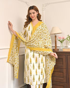 Yellow Cotton Printed Straight Kurti Set With Dupatta detailed view