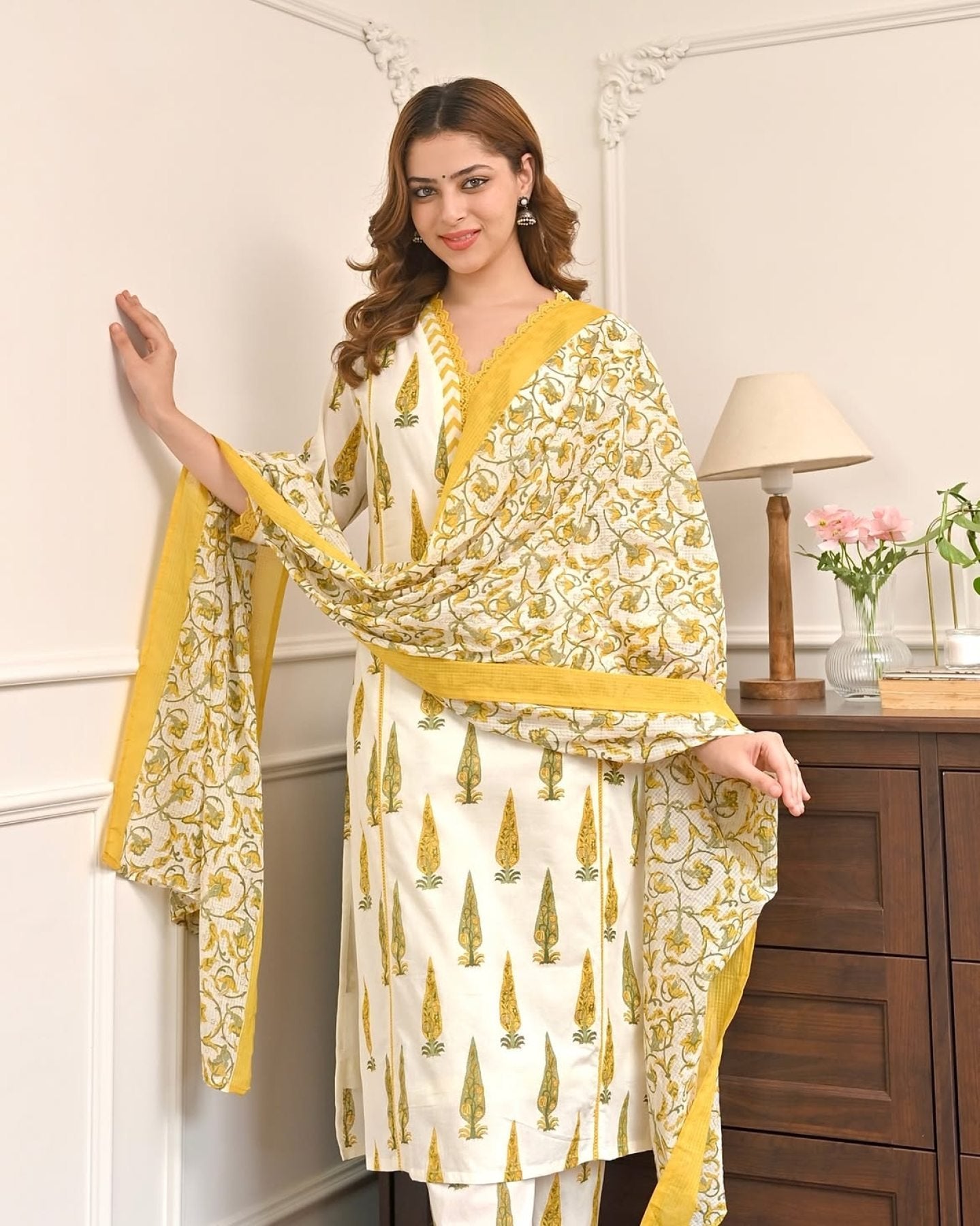 Yellow Cotton Printed Straight Kurti Set With Dupatta detailed view