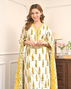 Yellow Cotton Printed Straight Kurti Set With Dupatta embroidery close-up