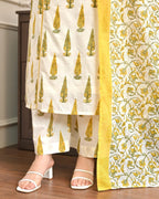 Yellow Cotton Printed Straight Kurti Set With Dupatta fabric texture detail