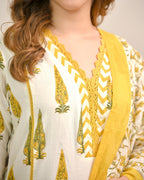 Yellow Cotton Printed Straight Kurti Set With Dupatta back view