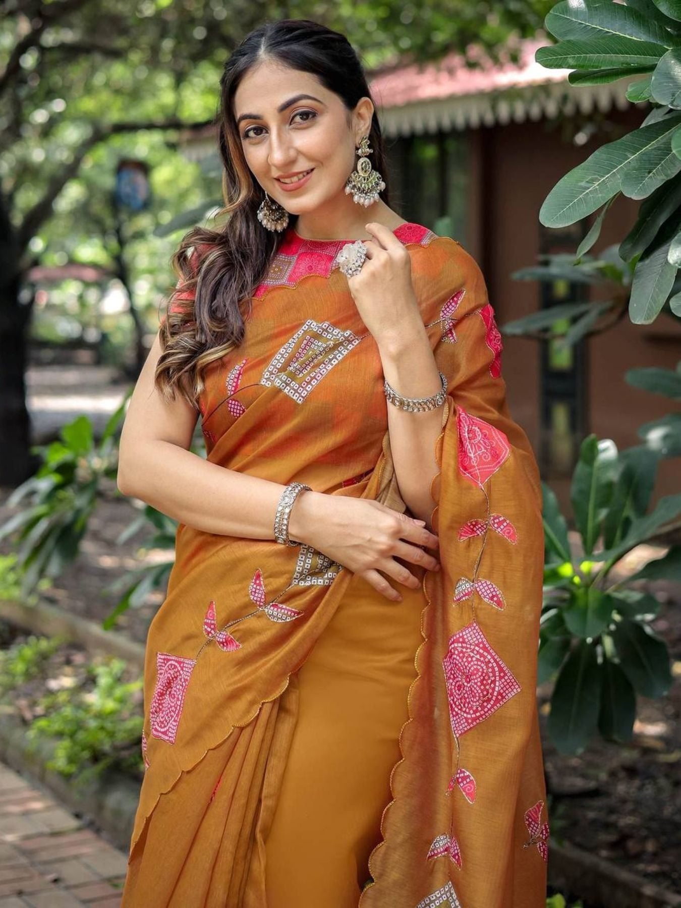Orange Cotton Saree for women - full front view | Snyvia
