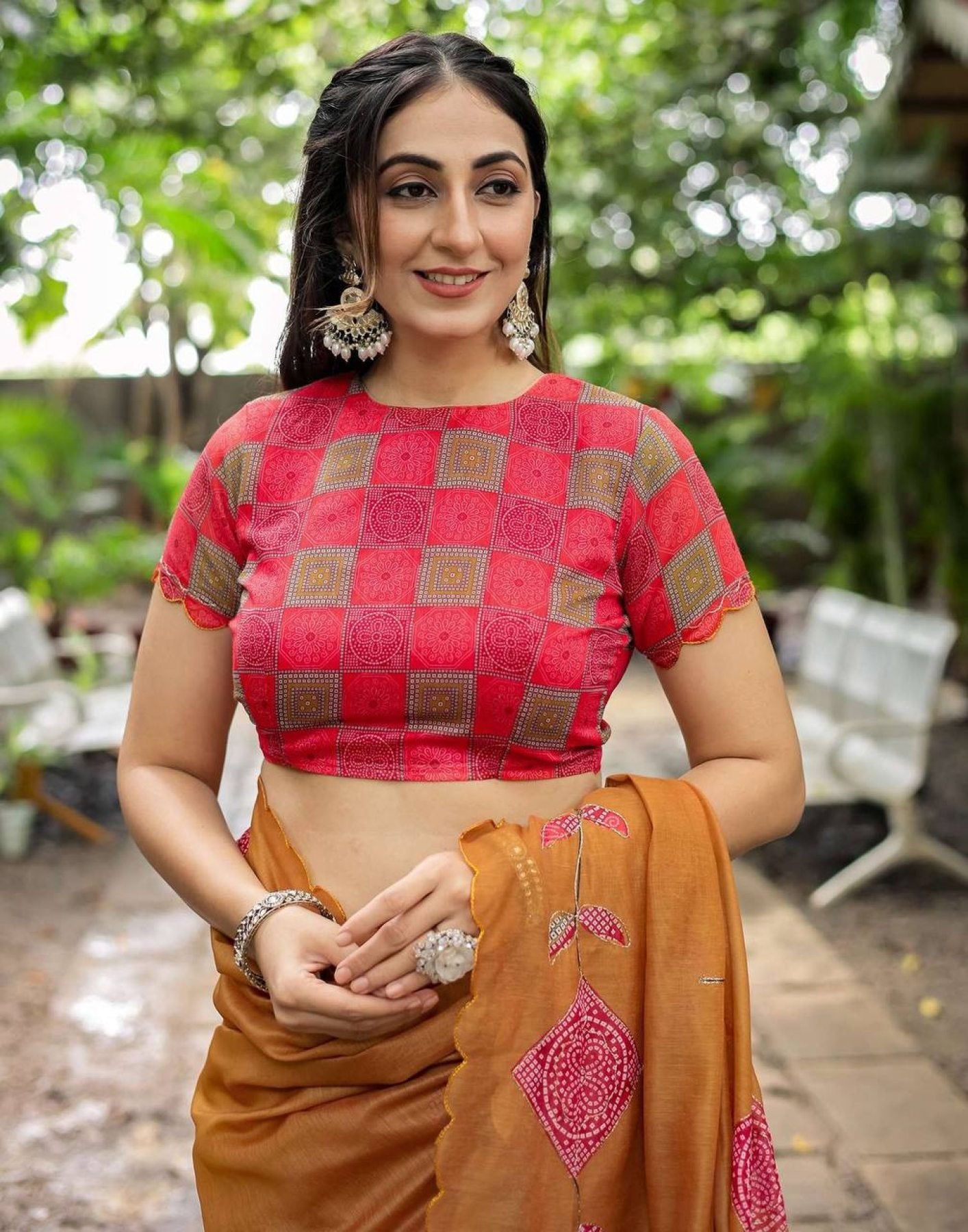 Orange Cotton Saree - side drape view