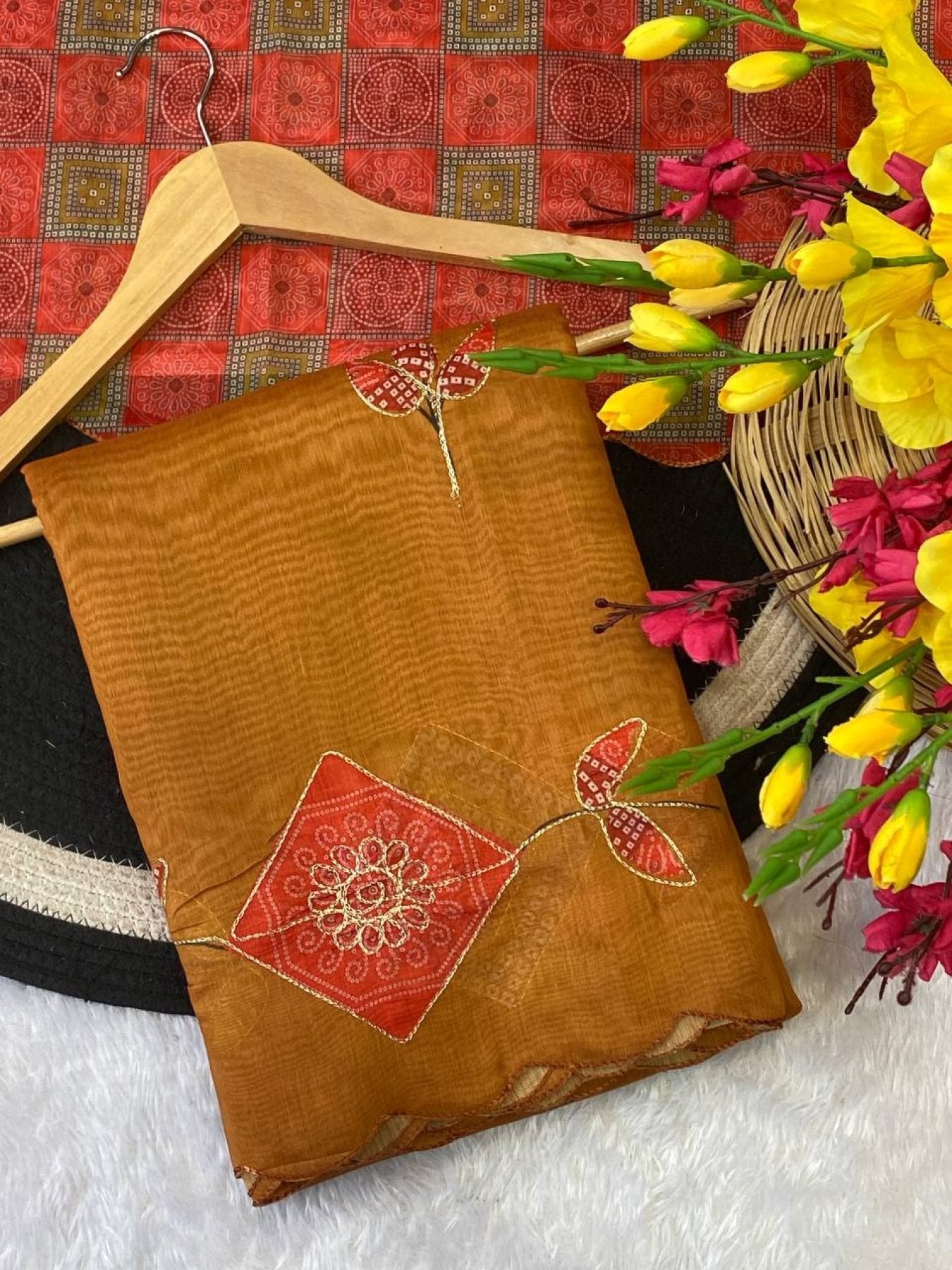 Orange Cotton Saree - fabric texture close-up