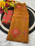 Orange Cotton Saree - Printed embroidery work detail