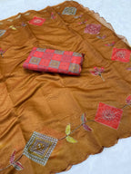 Orange Cotton Saree - Printed pallu design detail