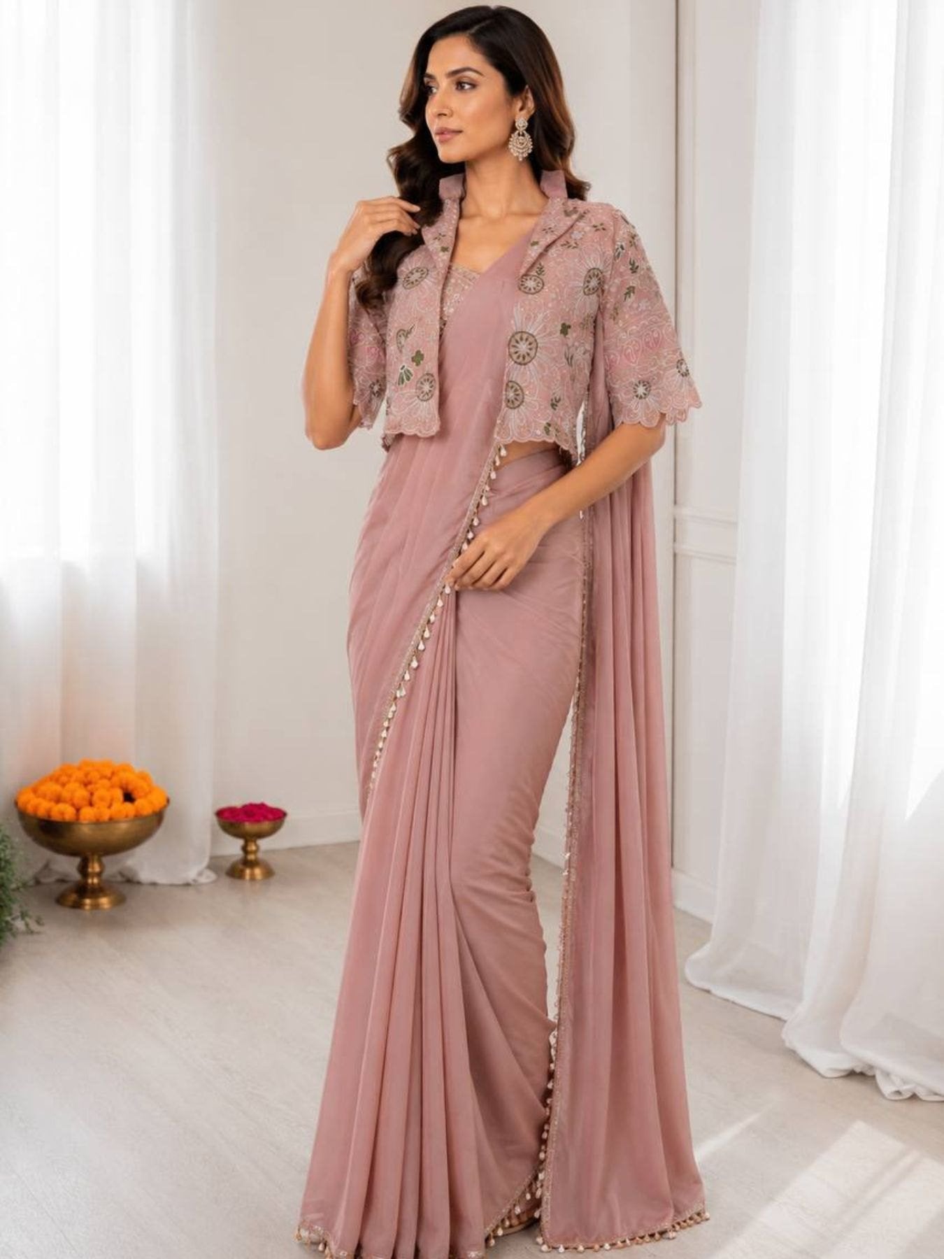Pink Crepe Saree for women - full front view | Snyvia