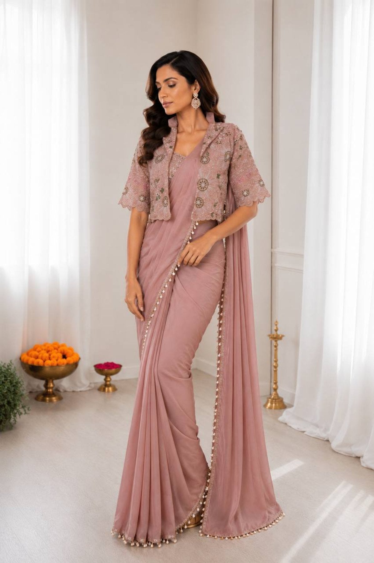 Pink Crepe Saree - drape and pallu detail