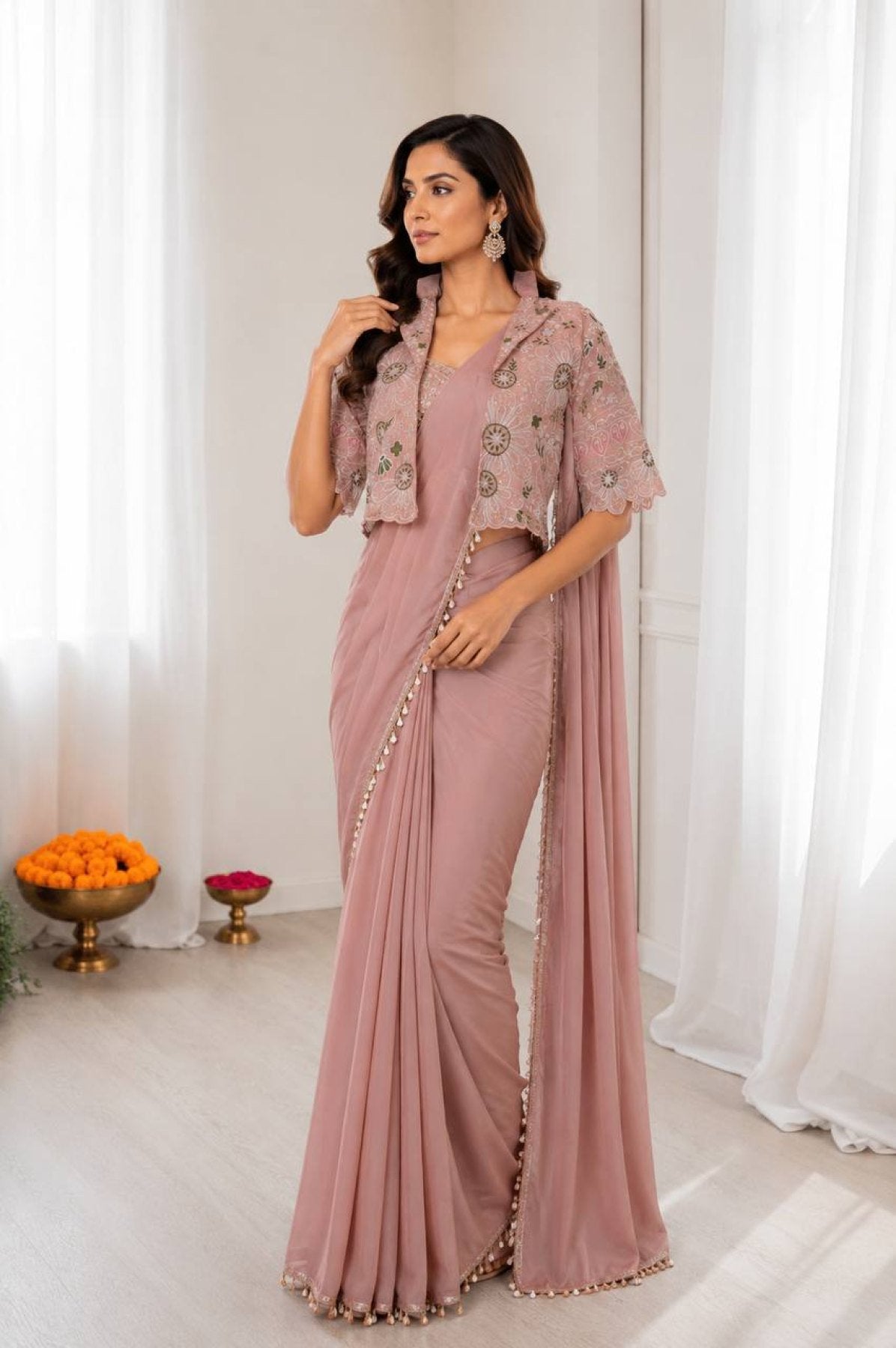 Pink Crepe Saree - side drape view