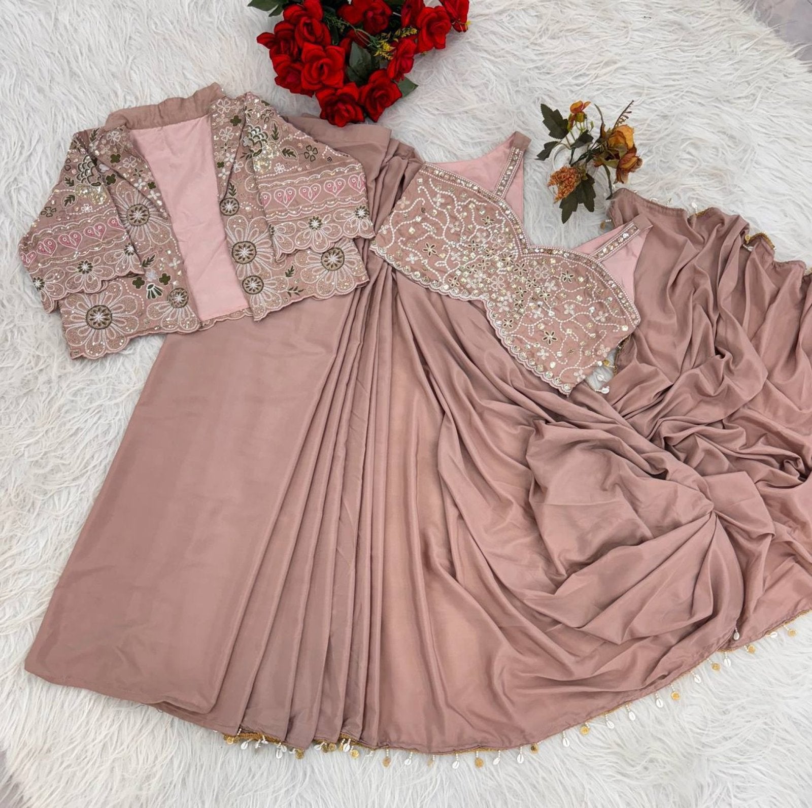 Pink Crepe Saree - pallu design detail