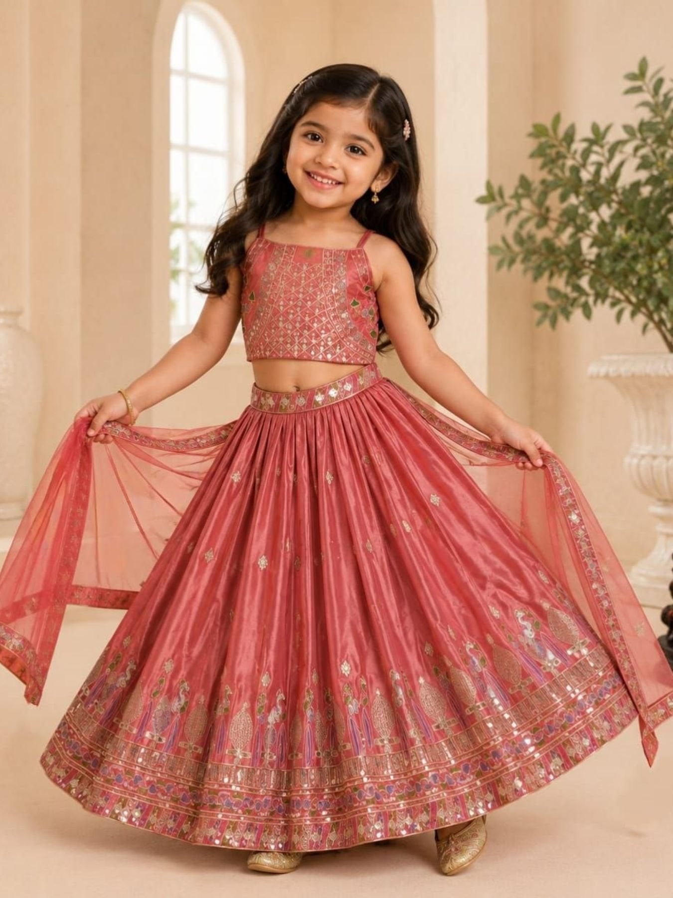 Dusty Rose Sequins Embroidered Lehenga with Heavy Chinon Dupatta for women | Snyvia