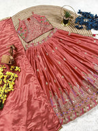 Pink Dusty Rose Sequins Embroidered Lehenga with Heavy Chinon Dupatta full drape view