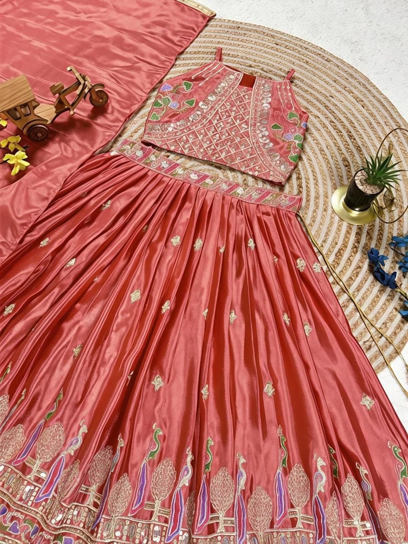 Pink Dusty Rose Sequins Embroidered Lehenga with Heavy Chinon Dupatta blouse and dupatta detail