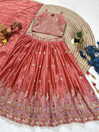 Pink Dusty Rose Sequins Embroidered Lehenga with Heavy Chinon Dupatta fabric texture detail