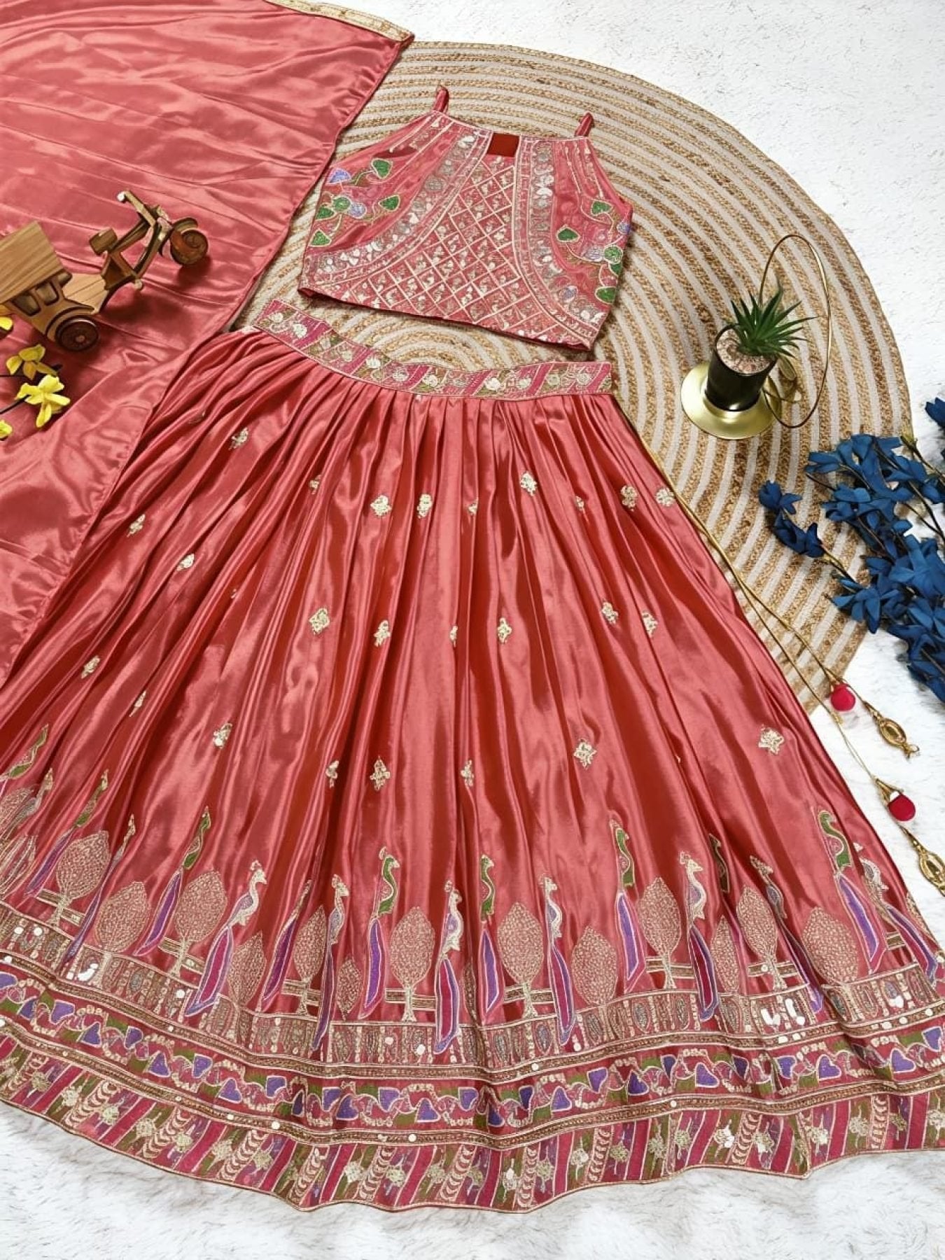 Pink Dusty Rose Sequins Embroidered Lehenga with Heavy Chinon Dupatta fabric texture detail