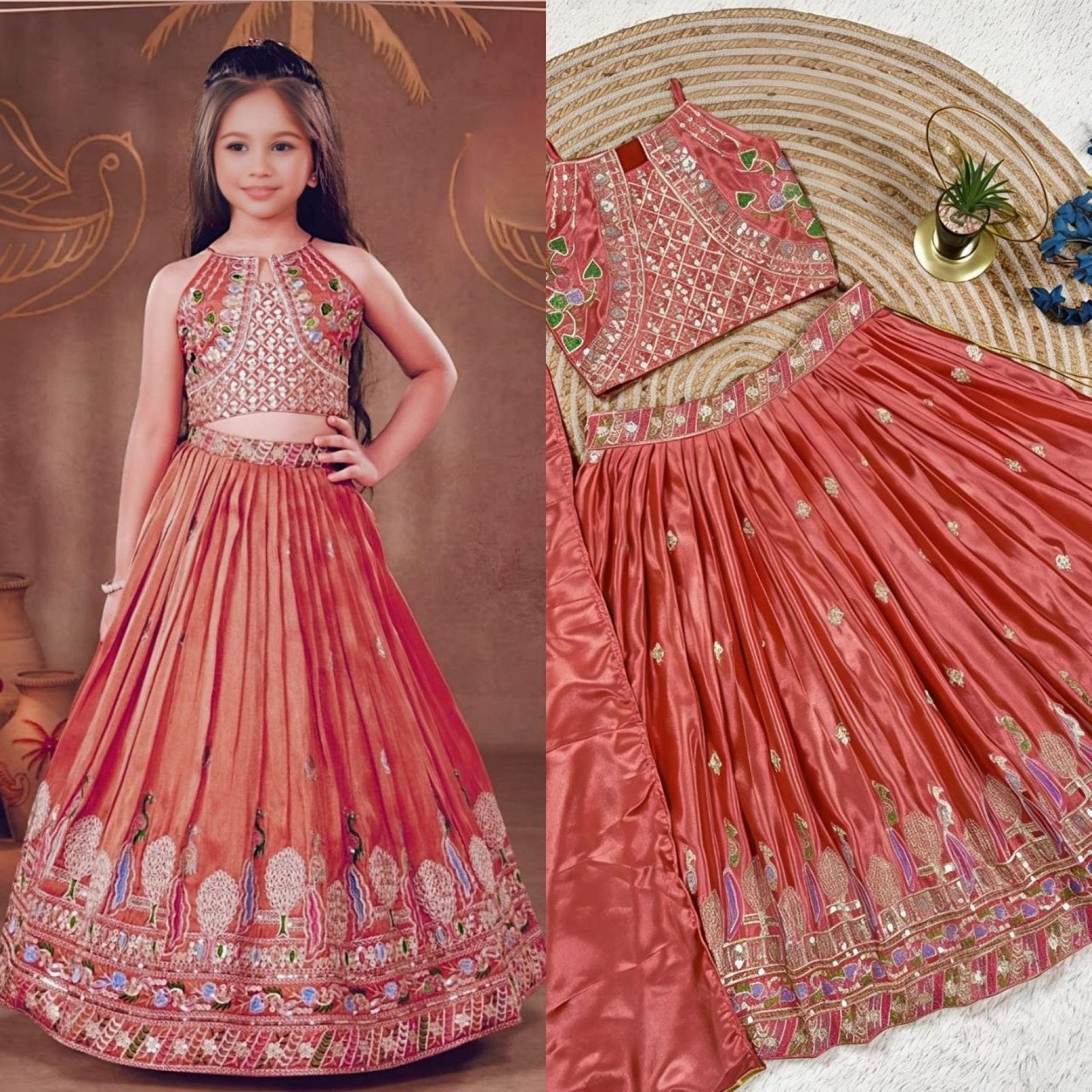 Pink Dusty Rose Sequins Embroidered Lehenga with Heavy Chinon Dupatta full drape view