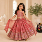 Pink Dusty Rose Sequins Embroidered Lehenga with Heavy Chinon Dupatta embroidery close-up