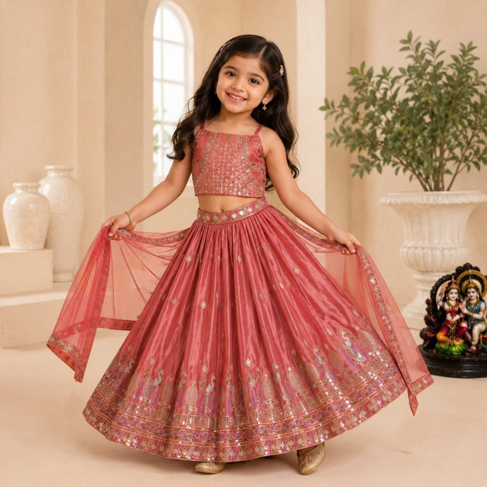 Pink Dusty Rose Sequins Embroidered Lehenga with Heavy Chinon Dupatta embroidery close-up