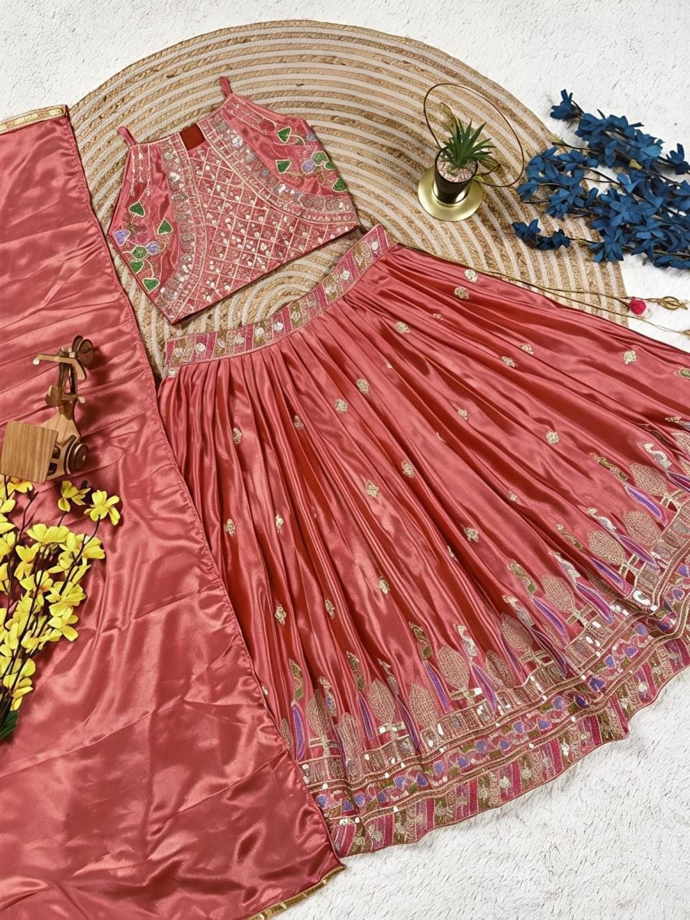 Pink Dusty Rose Sequins Embroidered Lehenga with Heavy Chinon Dupatta front view