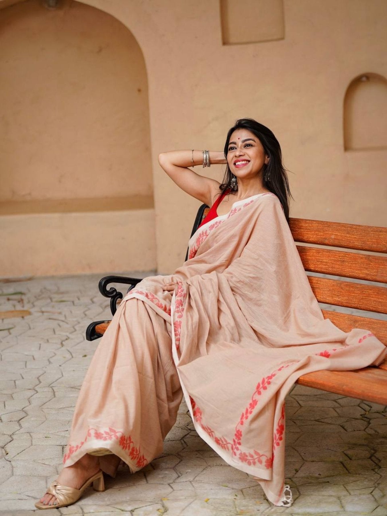 Cream Cotton Saree - side drape view