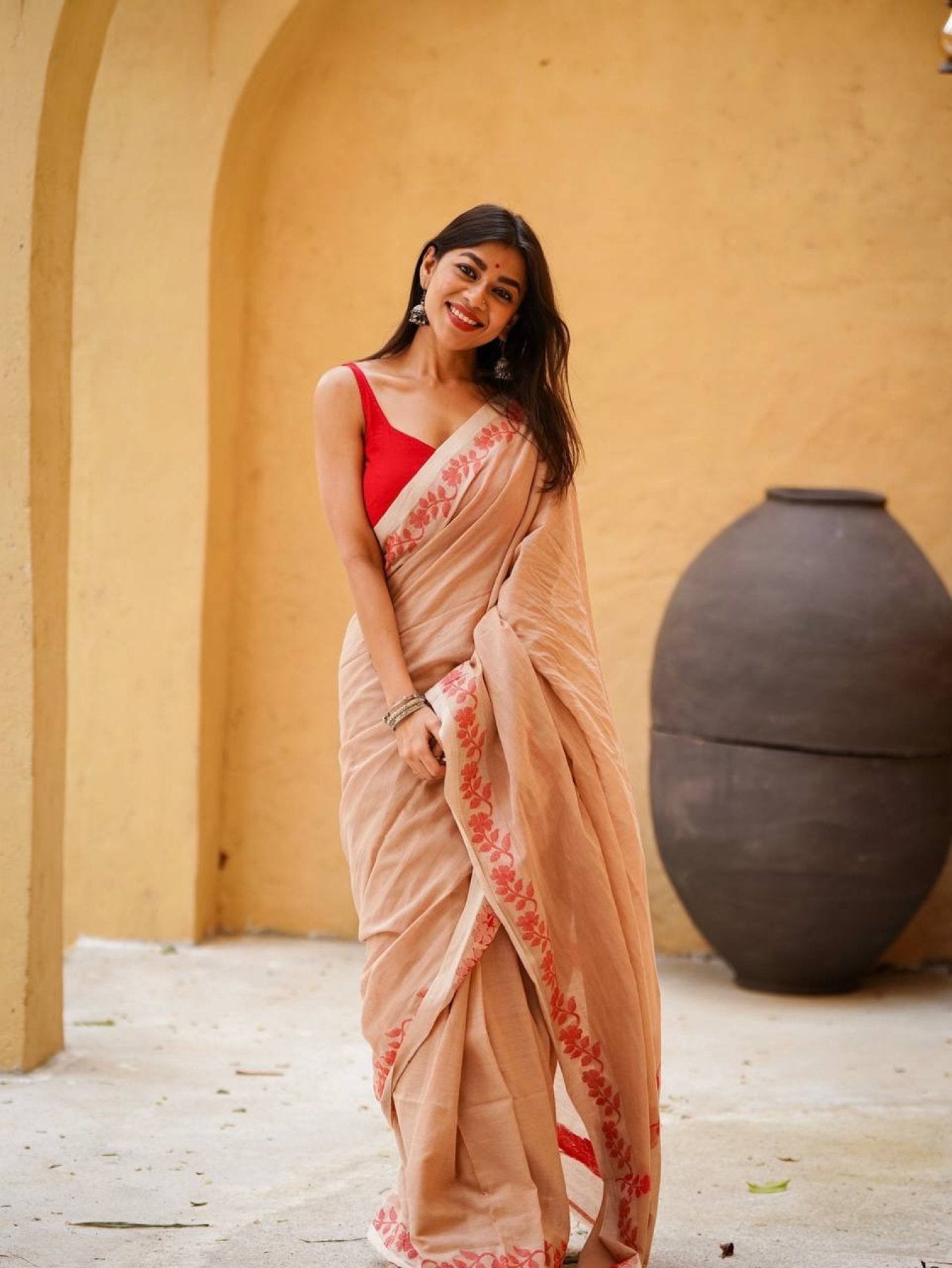 Cream Cotton Saree - blouse and border close-up