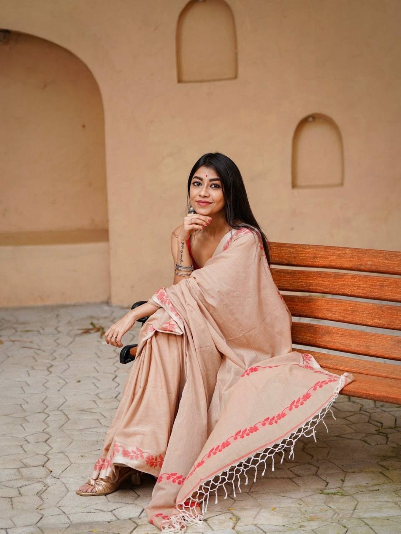 Cream Cotton Saree - fabric texture close-up