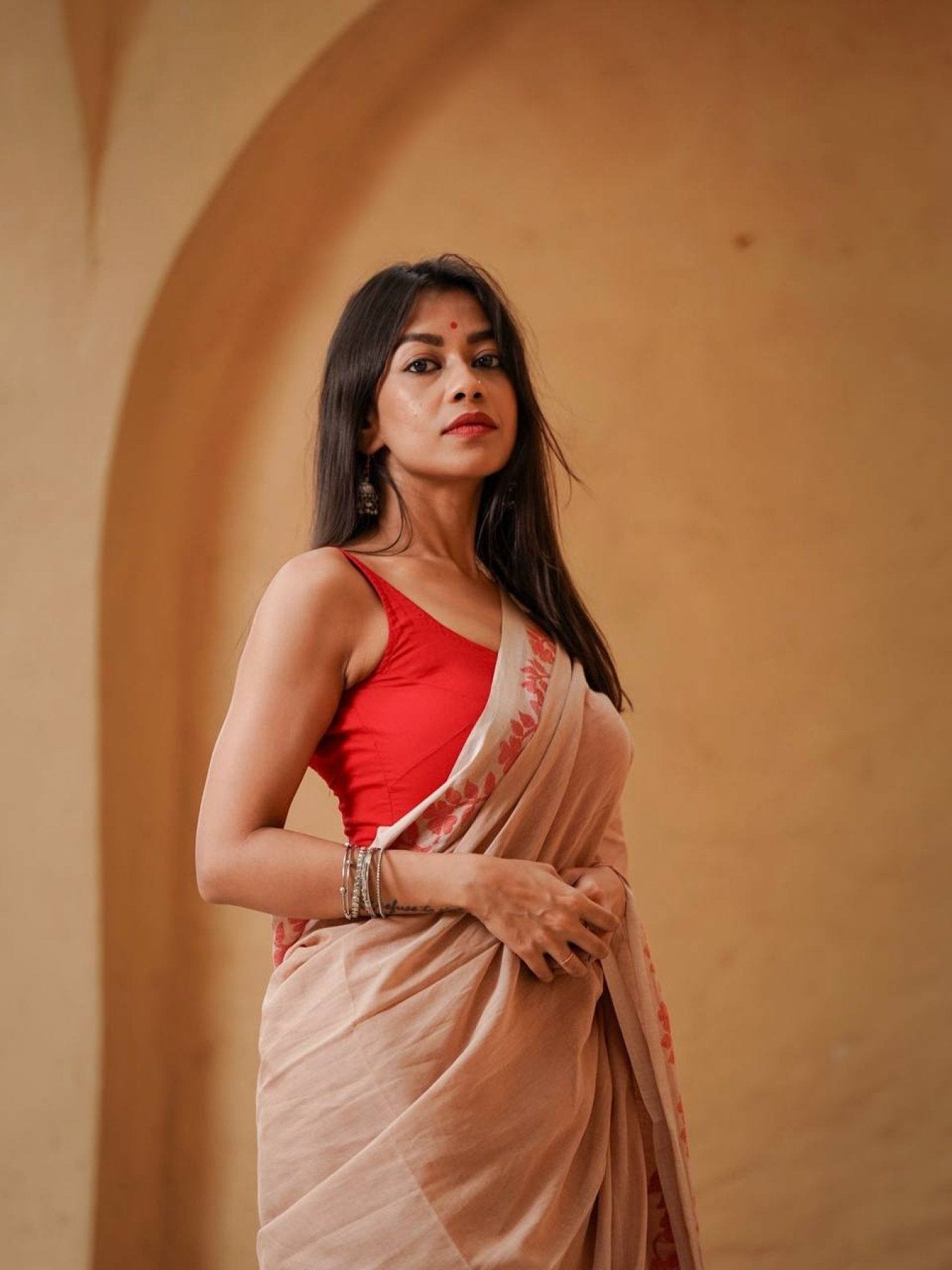 Cream Cotton Saree - full-length drape