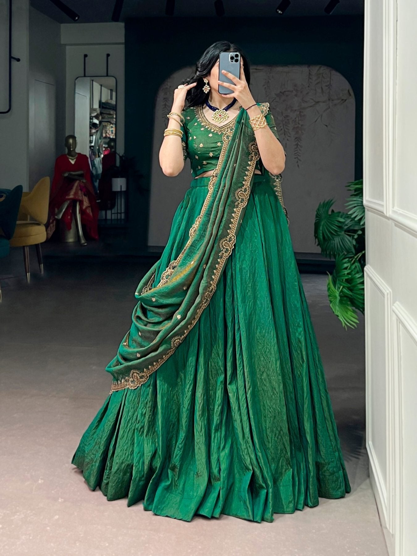 Teal Green NC Silk Lehenga Choli Set with Sequins Embroidery Dupatta full drape view