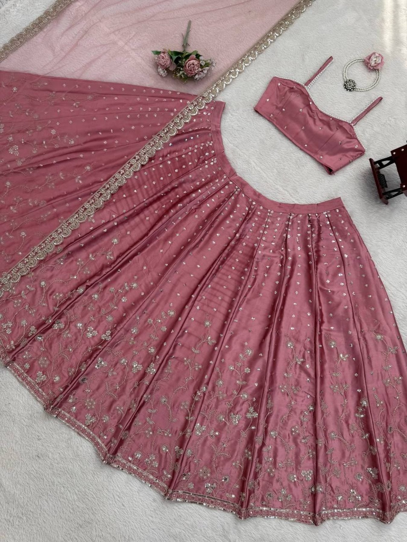 Japan Satin Lehenga with Coding Dori Sequins Work for Wedding Wear blouse and dupatta detail