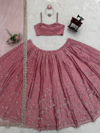 Japan Satin Lehenga with Coding Dori Sequins Work for Wedding Wear embroidery close-up