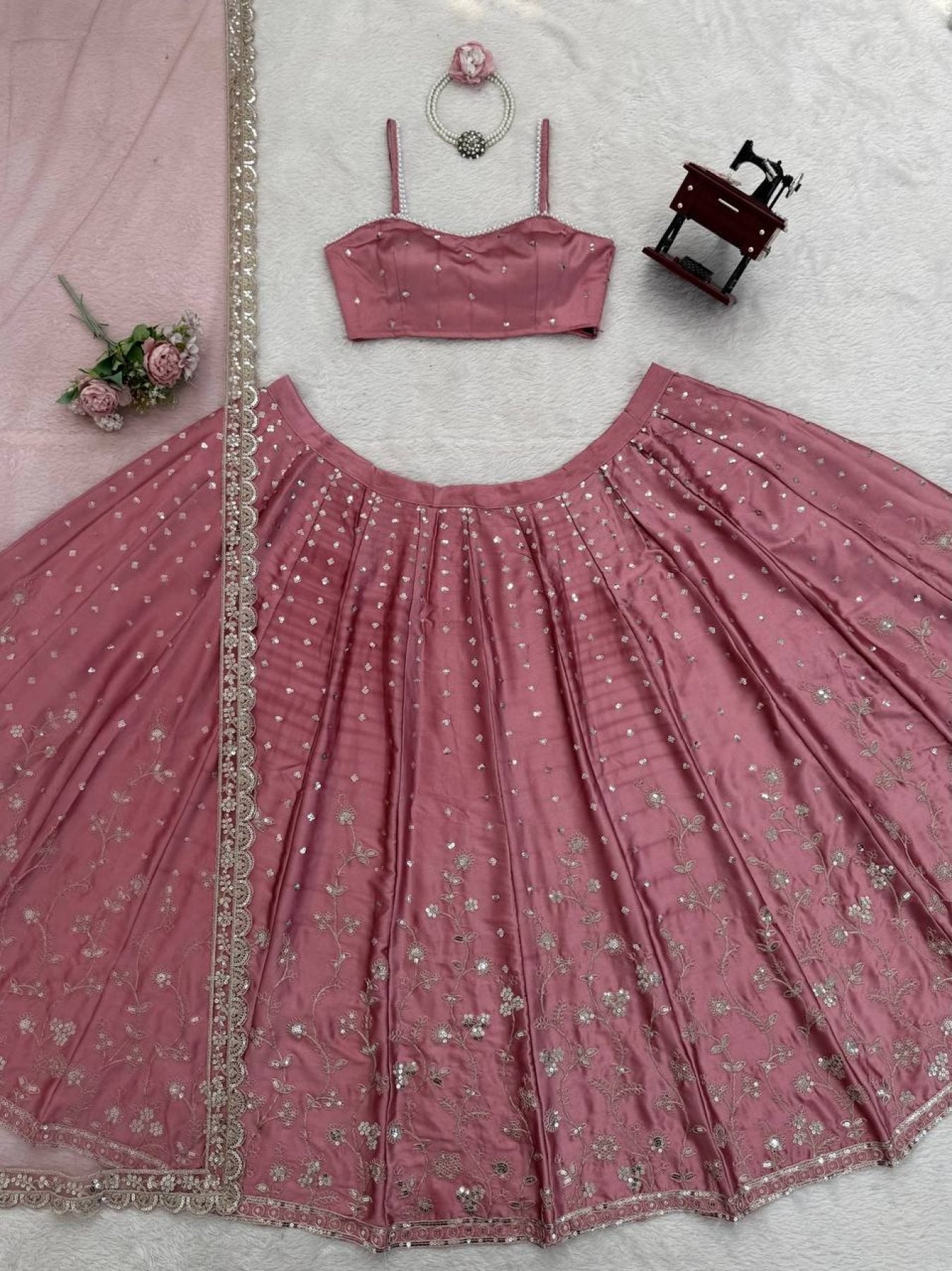 Japan Satin Lehenga with Coding Dori Sequins Work for Wedding Wear embroidery close-up