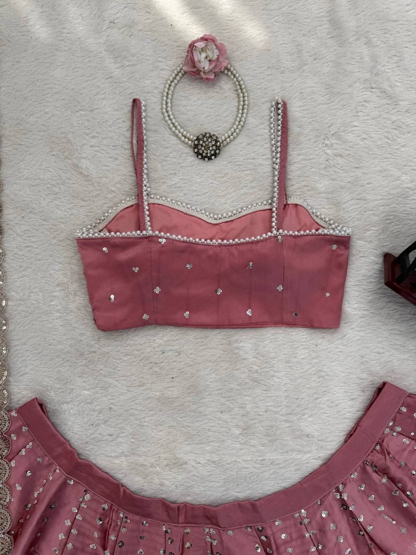 Japan Satin Lehenga with Coding Dori Sequins Work for Wedding Wear styling view