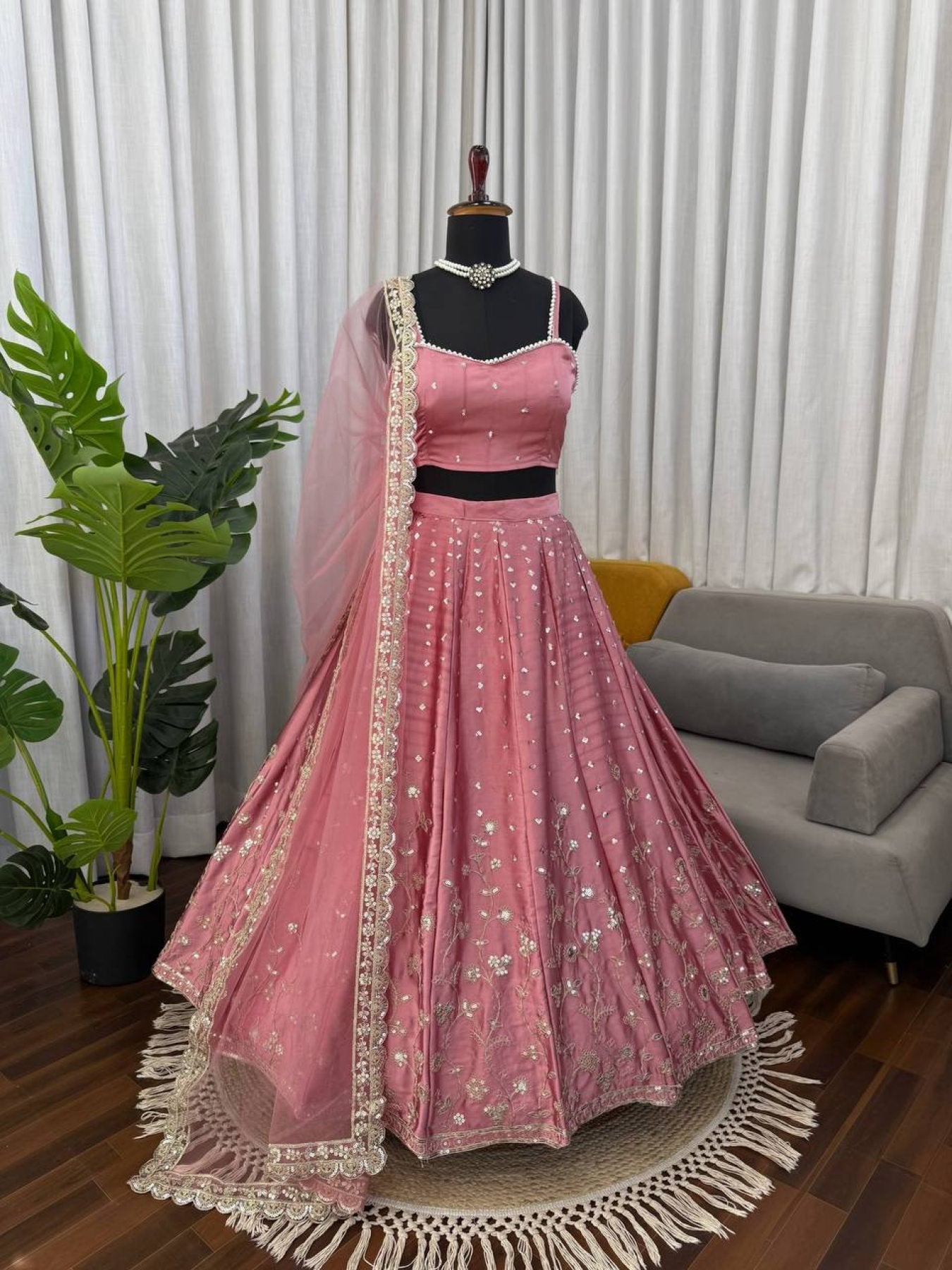 Japan Satin Lehenga with Coding Dori Sequins Work for Wedding Wear back view