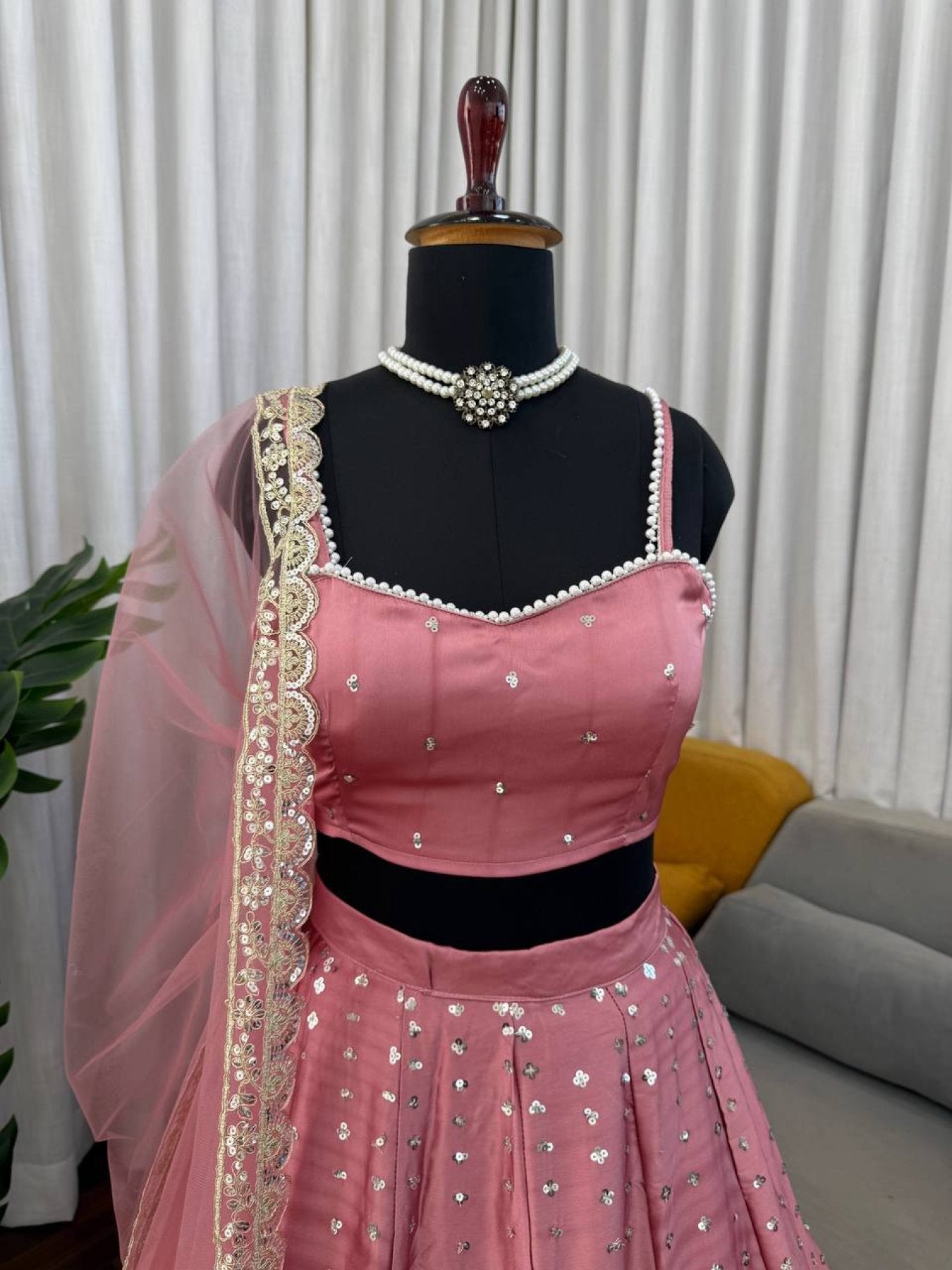 Japan Satin Lehenga with Coding Dori Sequins Work for Wedding Wear styling view