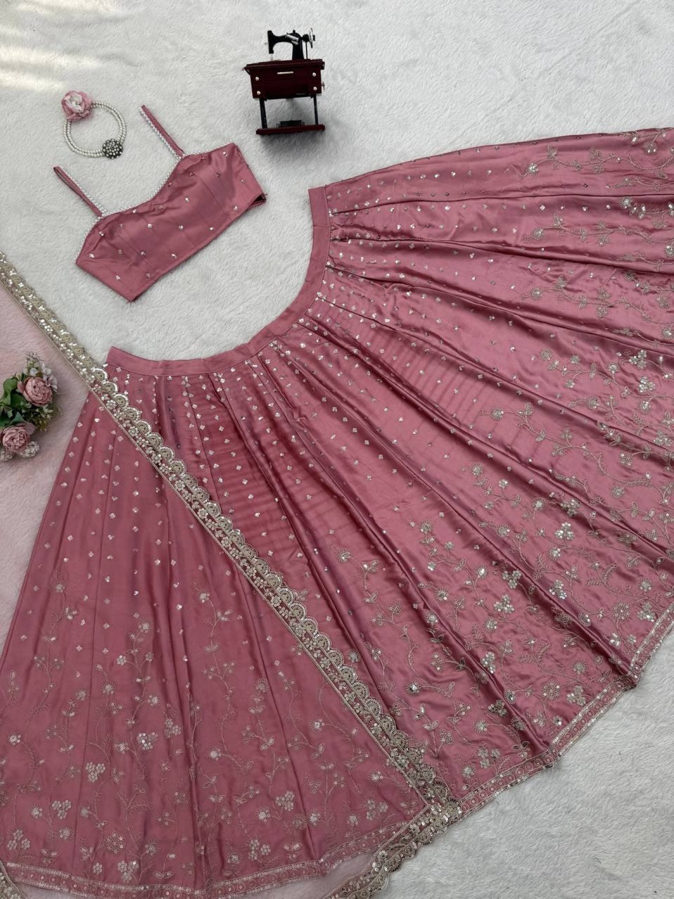 Japan Satin Lehenga with Coding Dori Sequins Work for Wedding Wear full drape view