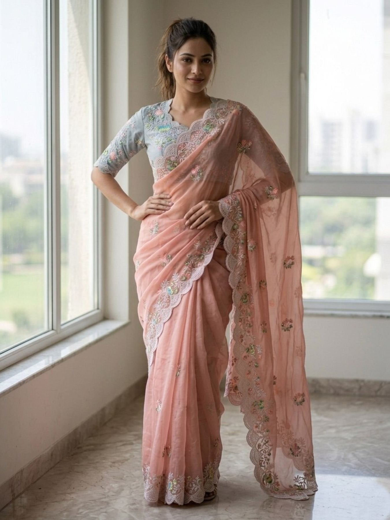 Peach Georgette Saree for women - full front view | Snyvia