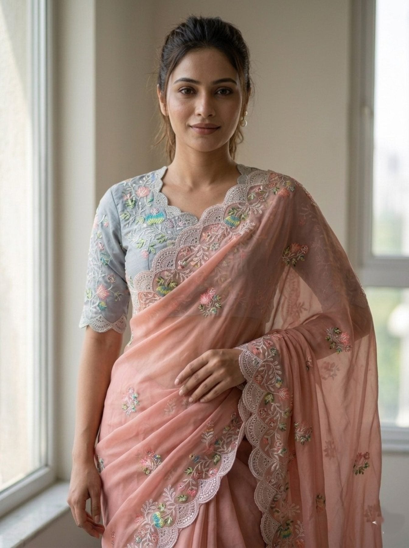 Peach Georgette Saree - side drape view