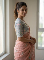 Peach Georgette Saree - blouse and border close-up