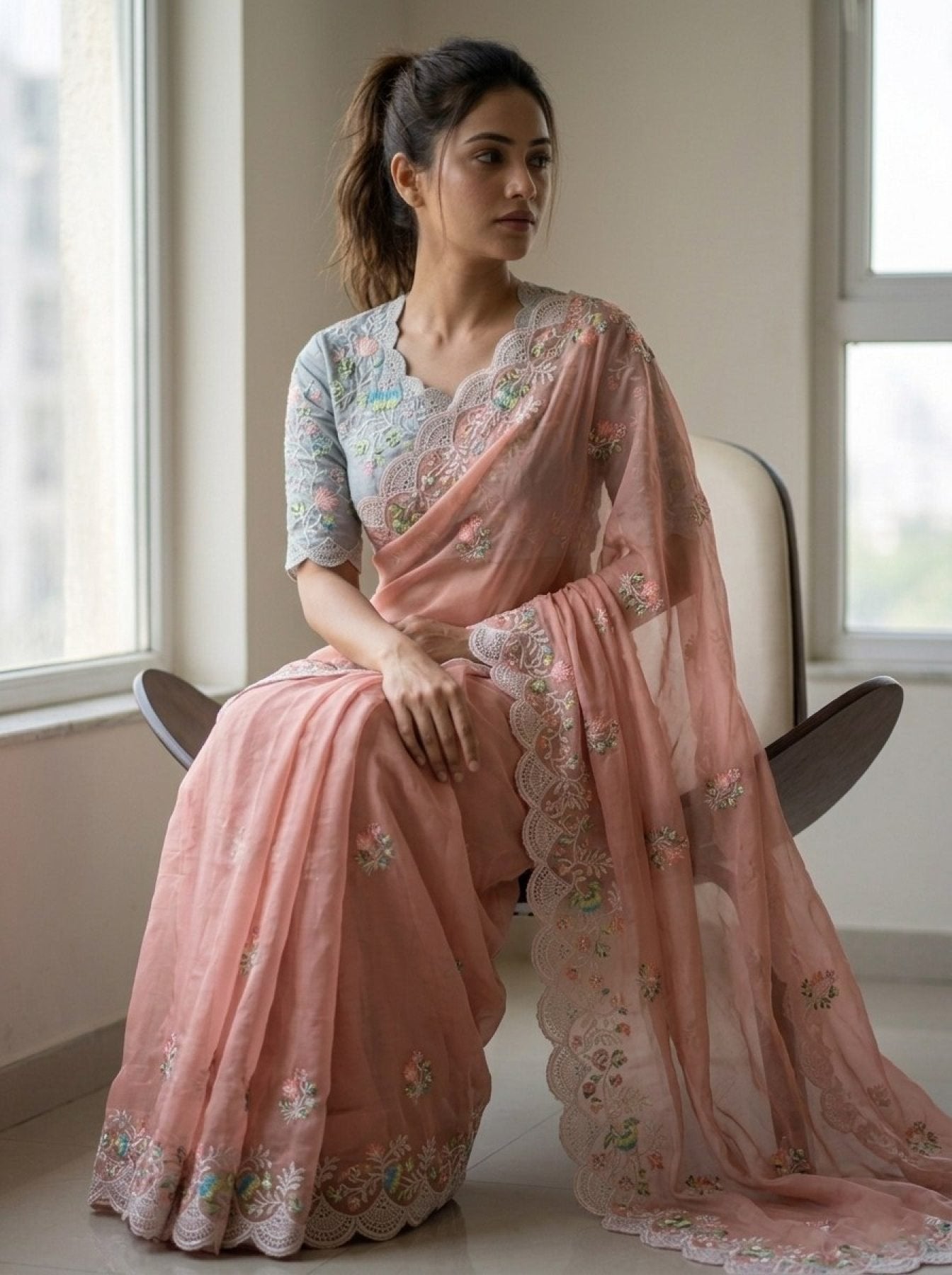 Peach Georgette Saree - embroidery work detail