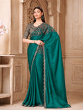 Teal Tussar Saree for women - full front view | Snyvia