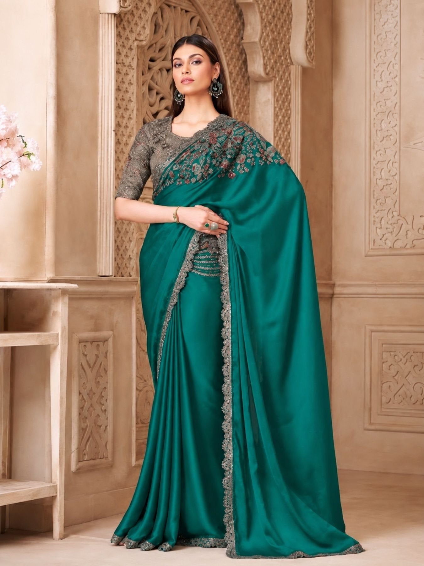 Teal Tussar Saree for women - full front view | Snyvia